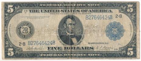 Amerikai Egyesült Államok 1914. 5$ B 27646424 B Federal Reserve Note - nagyméretű kék pecsét, John Burke - David F. Houston T:III,III- USA 1914 5 Dollars B 27646424 B Federal Reserve Note - Large-size blue seal, John Burke - David F. Houston C:F,VG  Krause P#359
