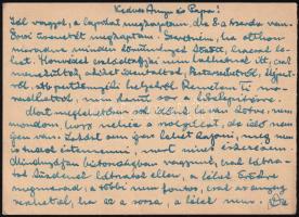 1944 novembere, ifj. Czene Béla (1911-1999) festőművész autográf sorai szüleinek karpaszományos honvédként, id. Czene Béla (1886-1944 körül) festőművészhez és feleségének Válról. Említi, hogy felesége, Hikádi Erzsébet (1911-2008) ne jöjjön hozzá, mert menekülteket telepítenek oda Újpestről, Pesterzsébetről és más pestkörnyéki helyekről. Más érdekes részlettel. Másfél beírt oldal levelezőlapon, ifj. Czene Béla autográf aláírásával. Proveniencia: a művész hagyatéka.