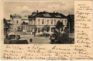 1905 Munkács, Mukacheve, Mukacevo; Városi színház, piac, Iczkovics József és Gottesmann üzlete. Grünstein Mór kiadása/ theatre, market, shops