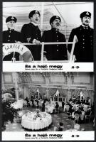 cca 1983 Federico Fellini ,,És a hajó megy című olasz filmjének jelenetei és szereplői, 4 db vintage produkciós filmfotó, ezüst zselatinos fotópapíron, a használatból eredő (esetleges) kisebb hibákkal, 18x24 cm