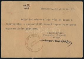 1949 Toroczkai Oszvald (1884-1951), a Szabad Képzőművészek Szakszervezete titkárának levele ifj. Cez...