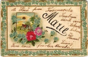 1901 Marie / Name Day greeting art postcard. Emb. litho decorated with silk flowers (EM)