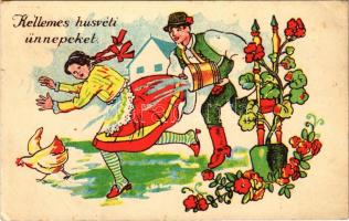 1943 Kellemes húsvéti ünnepeket! Magyar folklór művészlap, locsolkodás / Easter greeting art postcard, Hungarian folklore (EB)