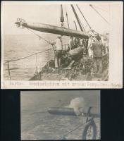 cca 1914-1918 Torpedó beemelése, illetve kilövésének pillanata az Osztrák-Magyar Cs. és Kir. Haditengerészet (K.u.K. Kriegsmarine) hadihajójának fedélzetén, 2 db fotó, 18x13 cm - 11,5x7 cm / cca 1914-1918 Torpedo being raised on the deck, and being fired by one of the Austro-Hungarian Navys (K.u.K. Kriegsmarine) battleships, 2 photos, 18x13 cm - 11.5x7 cm