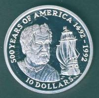 Cook szigetek 1990. 10$ Ag "Amerika 500 éve-hajó" T:PP