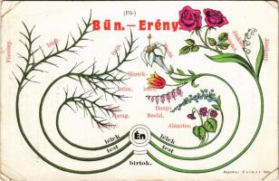 (Fő-) Bűn-Erény. Tanulság: Az Önmegtagadás nagy fontossága. Nihil obstat - Hátoldalon jelmagyarázat / Vice-Virtue - Religious art postcard with legend on the backside s: Csikor Irén (non PC) (EK)