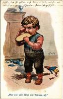 1911 Wer nie sein Brot mit Tränen aß / Children art postcard, crying s: Moos (EK)