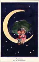 Auf der Hochzeitsreise / Moon-beams Children art postcard, honeymoon