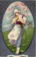1927 Italian lady art postcard with Easter greeting and windmill. Ballerini & Fratini 230. s: Chiostri (fa)
