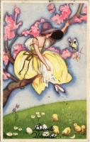 1926 Húsvéti üdvözlet / Italian lady art postcard with Easter greeting and windmill. Ballerini & Fratini 200. s: Chiostri (EK)
