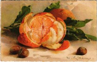 Still life art postcard with orange. Druck u. Verlag v. B. Dondorf No. 311. s: C. Klein (EK)