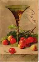 1912 Still life art postcard with cherry. Meissner & Buch Künstler-Postkarten Serie 1610. Tafelfreuden s: C. Klein (EM)