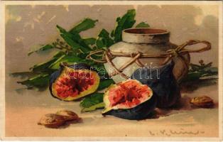 Still life art postcard with fig. G.O.M. 1253. s: C. Klein (EK)