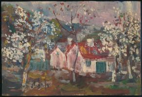 Bánfi József (1936): Virágos falu. Olaj, karton, Jelzett 20x30 cm