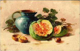 Still life art postcard with cantaloupe s: C. Klein (fl)