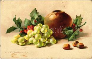 Still life art postcard with grapes s: C. Klein (fl)