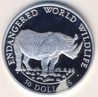Cook szigetek 1990. 50$ Ag "Veszélyeztetett állatvilág-orrszarvú" T:PP Csak 25.000db!