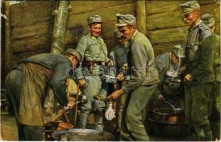 Weltkrieg 1914-1916. Menage-Verteilung im Schützengraben an der Nordostfront. Kilophot 1432. / WWI Austro-Hungarian K.u.K. military soldiers portioning the lunch (small tear)