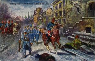 1915 A szövetséges hadtest bevonulása Lódz-ba / Einzug der verbündeten Armeen in Lodz / WWI K.u.K. military art postcard s: F. Höllerer