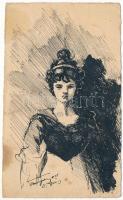 1921 Kézzel rajzolt hölgy művészlap / Hand-drawn lady art postcard. artist signed (lyuk / hole)