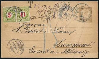 1895 2kr díjjegyes levelezőlap Báziásról Svájcba küldve, ott portózva, TEMESVÁR vonalbélyegzéssel / PS-card to Switzerland, with postage due