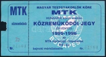 1995-1996 Bp., MTK (Magyar Testgyakorlók Köre) közreműködői jegy az MTK labdarúgó csapatának NB I-es bajnoki mérkőzéseire, a Hungária körúti stadionban
