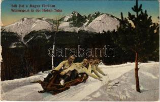 1918 Tátra, Magas-Tátra, Vysoké Tatry; Téli élet a Magas Tátrában, irányítható szánkó, téli sport / winter sport, toboggan, sled, controllable bobsleigh (kis szakadás / small tear)