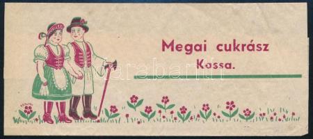 cca 1940 Kassa, Megai (Megay) cukrász cukorka csomagolópapírja, P. Schuller grafikájával illusztrálva, Schmidt Albert és Tsa bisquitgyár Bp., 13x5,5 cm. (Ritka!)
