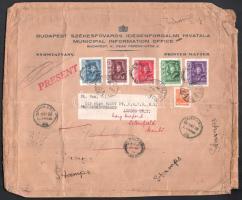 1935 Rákóczi sor nagy alakú levélen Budapestről Londonba, majd továbbküldve (többszörösen hajtott) / Mi 517-521 on large size cover from Budapest to London, redirected (folded several times)