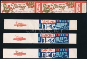 cca 1930-1950 Veress Csokoládégyár Bp., 5 db illusztrált cukorkás, csokoládés csomagolópapír (Adria szelet, Dancing)
