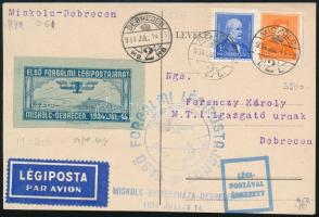 1934 Légi levelezőlap levélzáróval és alkalmi bélyegzéssel / Airmail postcard with label and special postmark