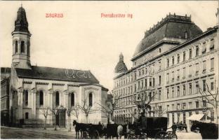 Zagreb, Zágráb; Preradovicev trg / tér, lovas hintók, templom, étterem / street view, horse chariots, church, restaurant