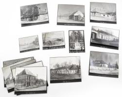 cca 1945-1950 Mór várost ábrázoló 18+2 fotó kartonon, 1 fotón gyűrődésnyomokkal, 1 fotó sérült, 10x15 cm és 167x23 cm közötti méretben