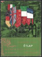 1969 Bp., Budapesti Nemzetközi Vásár (BNV), Mátyás Pince Étterem I. osztályú étlapja, többnyelvű, benne illusztrált itallap. Sérült borítóval, a lapok helyenként foltosak.