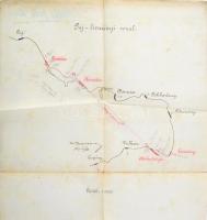 1909 Puj-livazényi vasút vonalának kézzel rajzolt térképe, 1:750000, magyar nyelvű feliratokkal. Keller Arnold mérnők által szignózótt és datált (1909.VI.30.), akit a murányvölgyi helyi érdekű vasúttól rendeltek a vasút tervezésére. hajtásnyomokkal, kissé foltos, 43,5x41 cm / hand drawn map of the railway Puj-Petrosani in Transylvania, now Romania, signed and dated (1909) by engineer Arnold Keller, folded