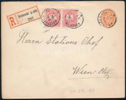 1896 5kr díjjegyes ajánlott boríték 2 x 5kr díjkiegészítéssel Kolozsvárról Bécsbe / Registered 5kr PS-cover with 2 x 5kr additional franking KOLOZSVÁR P.UDV. - Wien