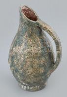 Bán Károly retró füles váza, színes mázakkal festett kerámia, jelzett,, m: 18 cm