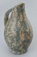 Bán Károly retró füles váza, színes mázakkal festett kerámia, jelzett,, m: 18 cm