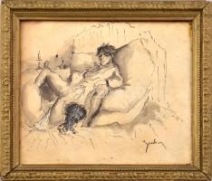 Zichy (?) jelzéssel: Erotikus rajz. Tus, papír. Üvegezett fakeretben. 20x24,5 cm