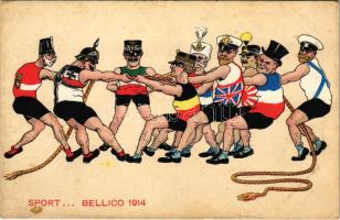 Sport... Bellico 1914 / Első világháborús olasz központi hatalmak ellenes katonai gúnyos propaganda: Központi hatalmak és antanthatalmak uralkodói / WWI Italian anti-Central Powers military mocking propaganda: Emperors of the Central Powers and Entente Powers, tug of war. C.C.M. litho