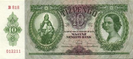 1936. 10P (10x) egymás utáni sorszámokkal, egyik darabon papírránccal T:II+