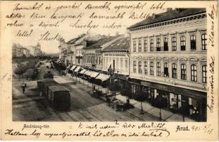 1905 Arad, Andrássy tér, Schäffer Henrik, Róth testvérek, Andrényi Károly és fiai üzlete, városi vasút, kisvasút, vonat. Divald Károly 609. / square, shops, urban railway, train