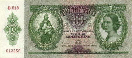 1936. 10P (10x) egymás utáni sorszámokkal, egyik darabon papírránccal T:II+