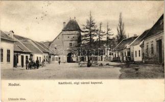 1907 Modor, Modra; Kádfürdő, régi városkapu, Solomon és Engel üzlete / spa, old castle gate, shop
