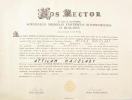 1958 Orvosi diploma Naszlady Attila részére, Gegesi Kiss Pál, Babics Antal aláírásával