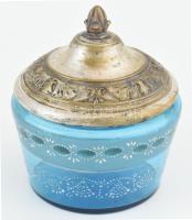 Szecessziós cukortartó, fém, üveg, kopott, m: 18 cm