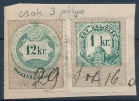 1891 12kr tévnyomat lemezhibás bélyeg, csak 3 pólya + 1 kr kivágáson / 12kr with plate error