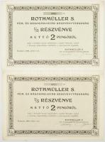 Budapest 1938. Rothmüller S. Fém- és Bádogárugyár Részvénytársaság 1/5 részvénye 2P-ről, szelvényekkel (2x) T:I- / Hungary / Budapest 1938. Rothmüller S. Metal and Tinware Factory Share Company 1/5 share about 2 Pengő, with coupons (2x) C:AU