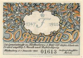 Német Birodalom/Weimari Köztársaság/Fürstenberg 1921. 50Pf + 75Pf + 1M + 2M összesen 4 klf db, teljes sor T:I