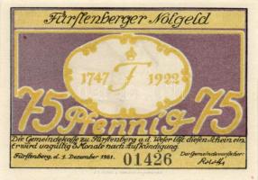 Német Birodalom/Weimari Köztársaság/Fürstenberg 1921. 50Pf + 75Pf + 1M + 2M összesen 4 klf db, telje...